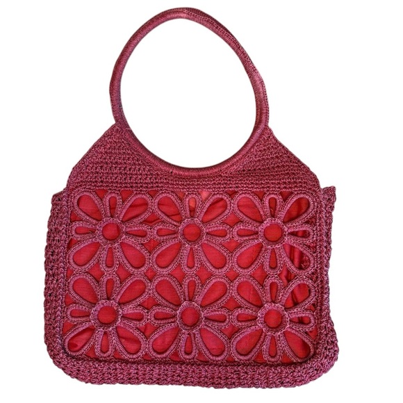 Vtg Crochet Handbag Red Daisy Retro Tote Purse - Picture 1 of 6